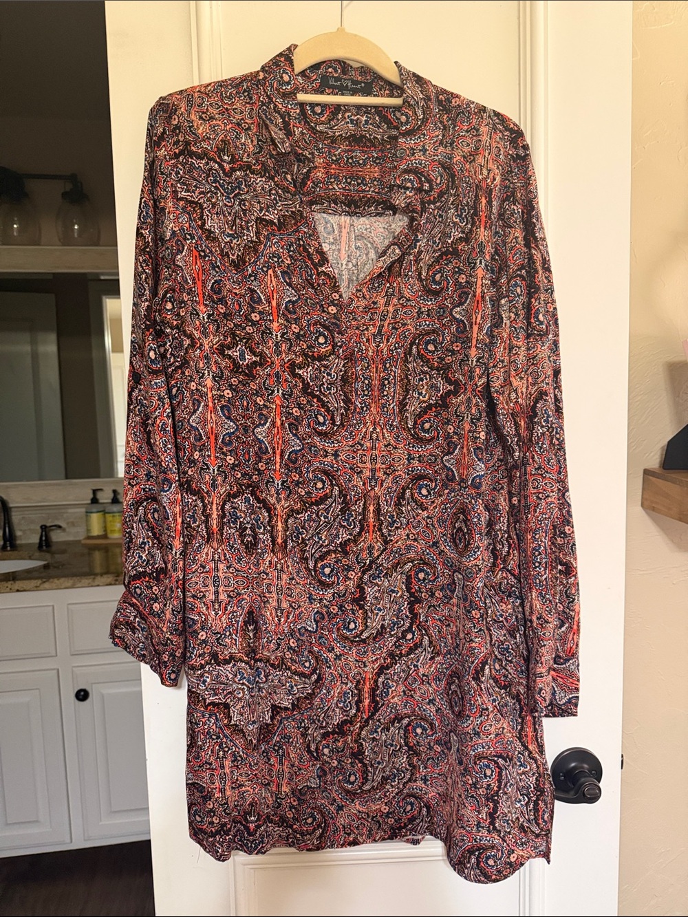 Velvet Heart Long Sleeve Paisley Tunic Dress - red/orange, blue & black